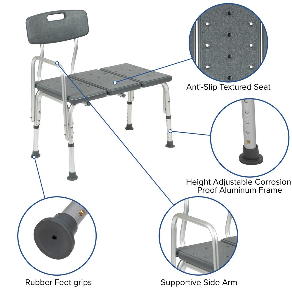 HERCULES Series 300 Lb. Capacity Adjustable Gray Bath & Shower Transfer Bench with Back and Side Arm