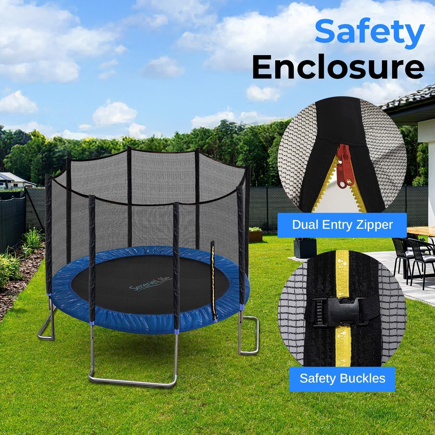 Serenelife 8FT 10FT 12FT 14FT Outdoor Trampoline for Kids and Adults – ASTM Certified Heavy-Duty Backyard Trampoline with Safety Poles, Net Enclosure, and Stable Anti-Rust Frame