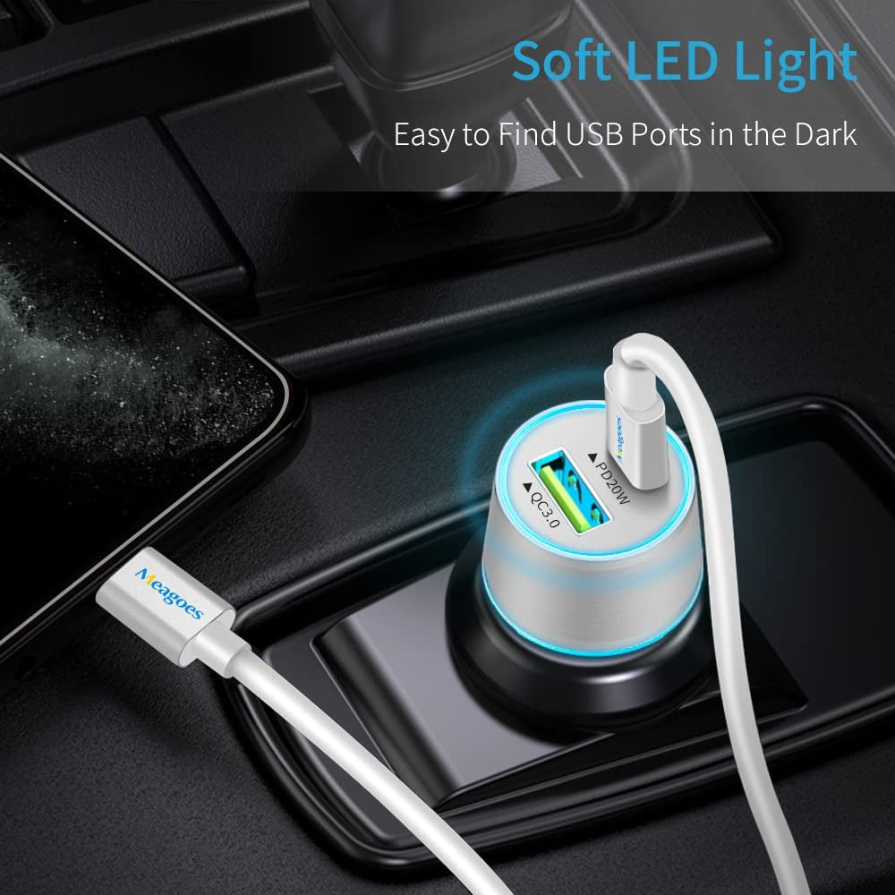 Fast USB C Car Charger, Meagoes 20W PD Rapid Charging Adapter Compatible for Apple Iphone 14 Pro Max/14 Pro/14 Plus/14/13/12/Mini/11/Xs/Xr/X/8 Plus/Se 3-3.3Ft Mfi Certified Type C to Lightning Cable