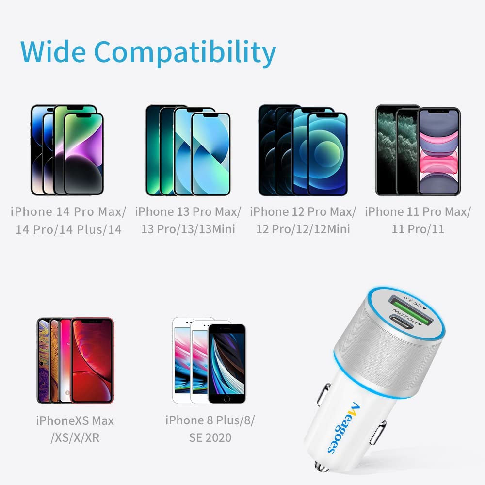 Fast USB C Car Charger, Meagoes 20W PD Rapid Charging Adapter Compatible for Apple Iphone 14 Pro Max/14 Pro/14 Plus/14/13/12/Mini/11/Xs/Xr/X/8 Plus/Se 3-3.3Ft Mfi Certified Type C to Lightning Cable