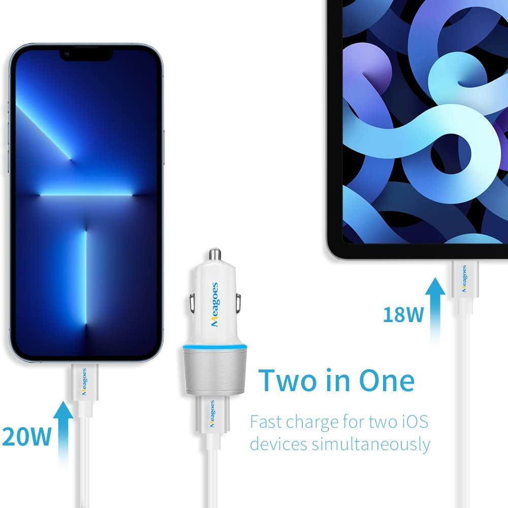 Fast USB C Car Charger, Meagoes 20W PD Rapid Charging Adapter Compatible for Apple Iphone 14 Pro Max/14 Pro/14 Plus/14/13/12/Mini/11/Xs/Xr/X/8 Plus/Se 3-3.3Ft Mfi Certified Type C to Lightning Cable