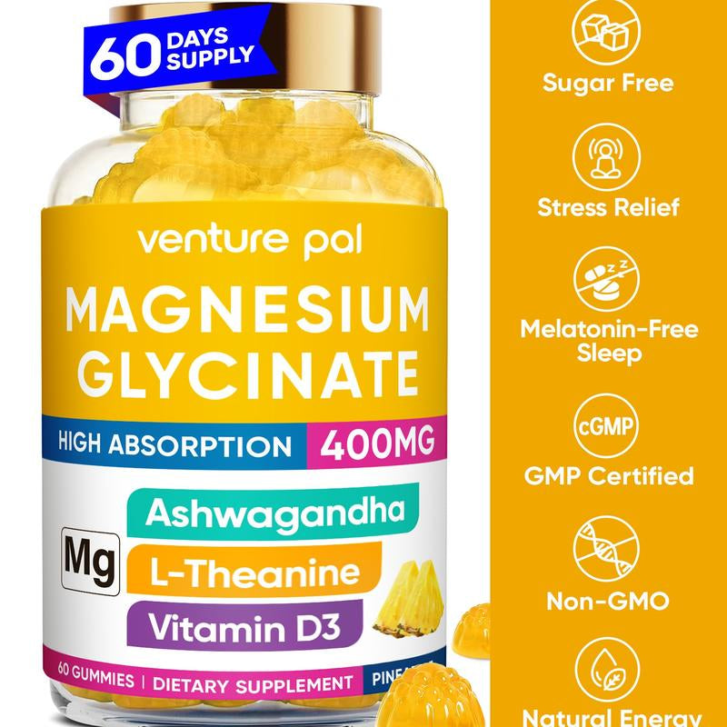 Venture Pal Magnesium Glycinate Gummies 400Mg with Ashwagandha L-Theanine & Coq10 Sugar-Free Vegan 60-Day Supply for Calm Mood & Sleep Healthcare Dietary Fitness Edible Vitamin Inositol Magnesium Complex Magnesium