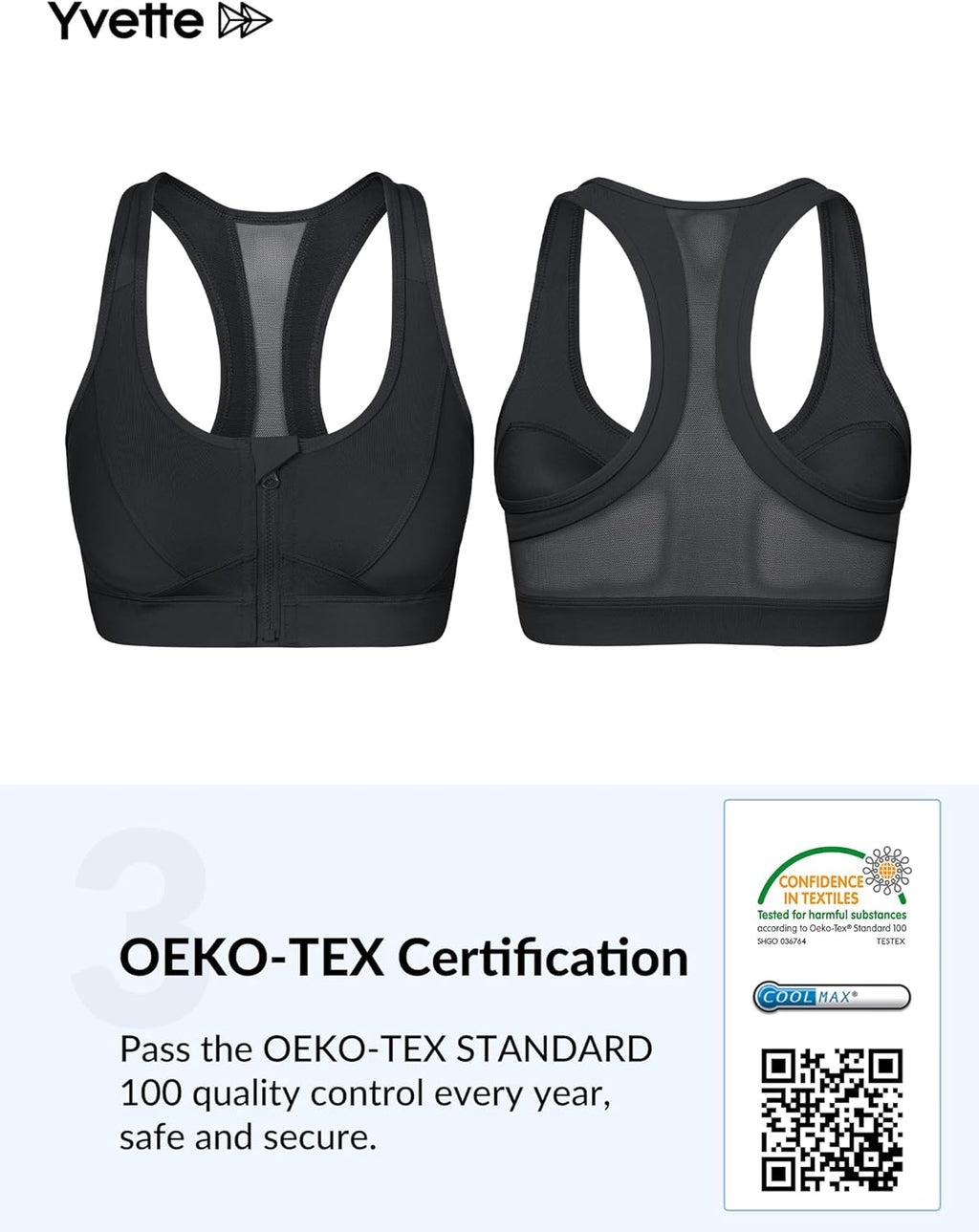 Yvette Zip Front Sports Bra - High Impact Sports Bras for Women plus Size Workout Fitness Running