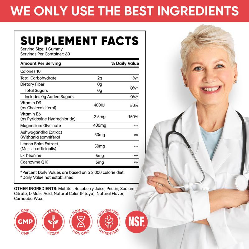 Venture Pal Magnesium Glycinate Gummies 400Mg with Ashwagandha L-Theanine & Coq10 Sugar-Free Vegan 60-Day Supply for Calm Mood & Sleep Healthcare Dietary Fitness Edible Vitamin Inositol Magnesium Complex Magnesium