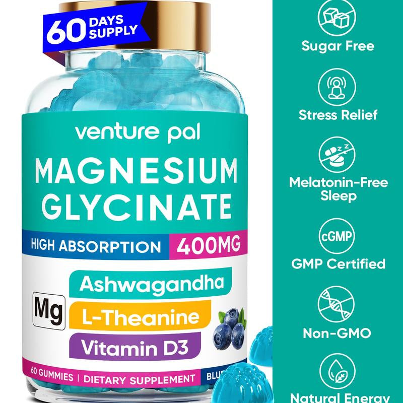 Venture Pal Magnesium Glycinate Gummies 400Mg with Ashwagandha L-Theanine & Coq10 Sugar-Free Vegan 60-Day Supply for Calm Mood & Sleep Healthcare Dietary Fitness Edible Vitamin Inositol Magnesium Complex Magnesium