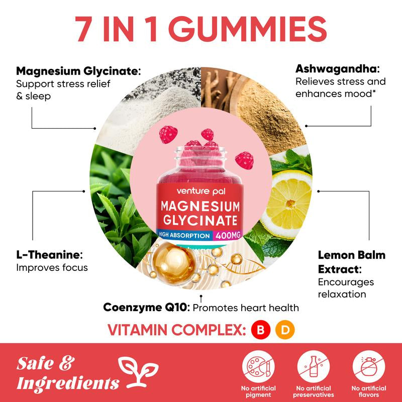 Venture Pal Magnesium Glycinate Gummies 400Mg with Ashwagandha L-Theanine & Coq10 Sugar-Free Vegan 60-Day Supply for Calm Mood & Sleep Healthcare Dietary Fitness Edible Vitamin Inositol Magnesium Complex Magnesium