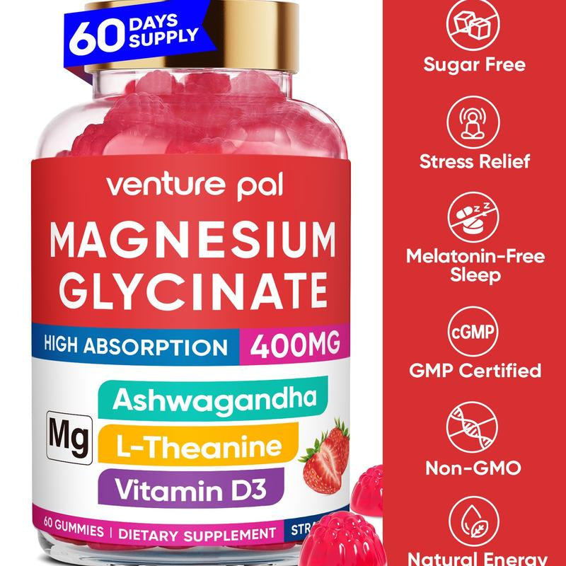 Venture Pal Magnesium Glycinate Gummies 400Mg with Ashwagandha L-Theanine & Coq10 Sugar-Free Vegan 60-Day Supply for Calm Mood & Sleep Healthcare Dietary Fitness Edible Vitamin Inositol Magnesium Complex Magnesium