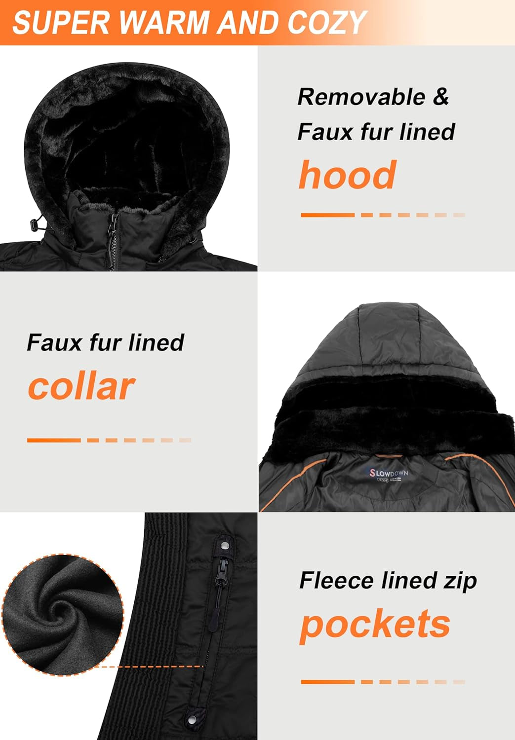 SLOW down Women down Puffer Jacket Warm Hooded Winter down Puffer Coat with Faux-Fur Hood & Collar