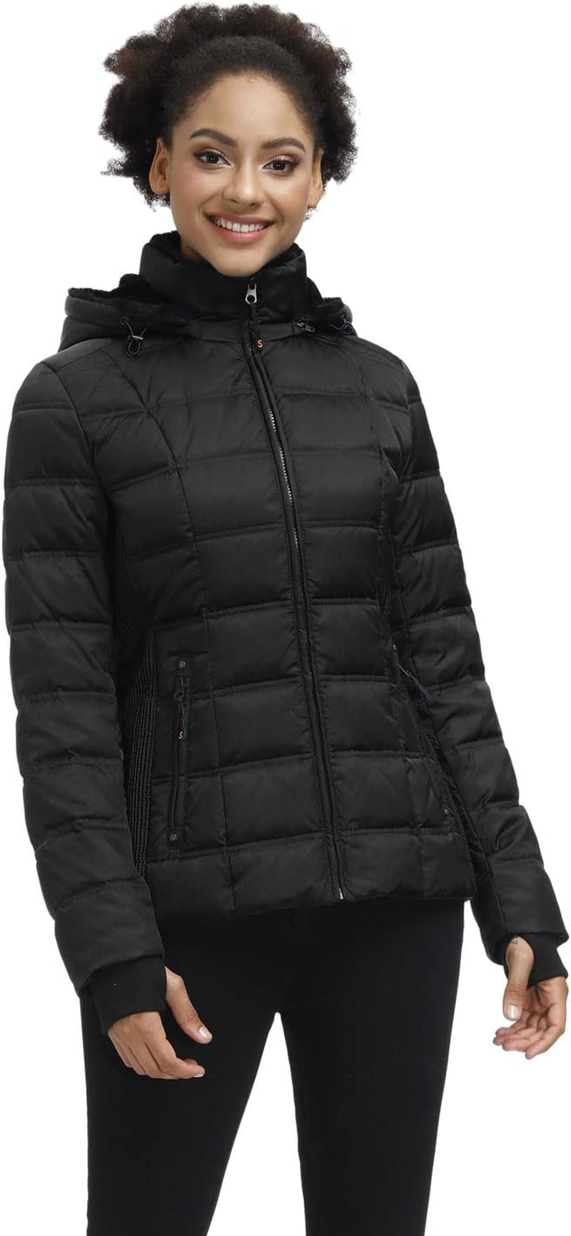 SLOW down Women down Puffer Jacket Warm Hooded Winter down Puffer Coat with Faux-Fur Hood & Collar