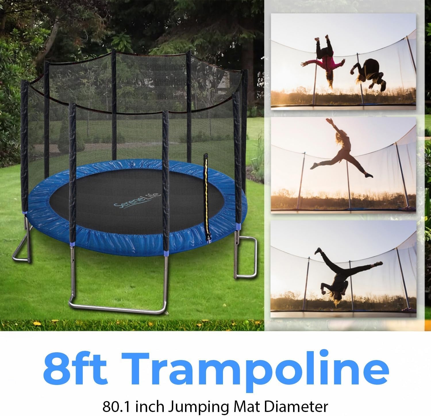 Serenelife 8FT 10FT 12FT 14FT Outdoor Trampoline for Kids and Adults – ASTM Certified Heavy-Duty Backyard Trampoline with Safety Poles, Net Enclosure, and Stable Anti-Rust Frame