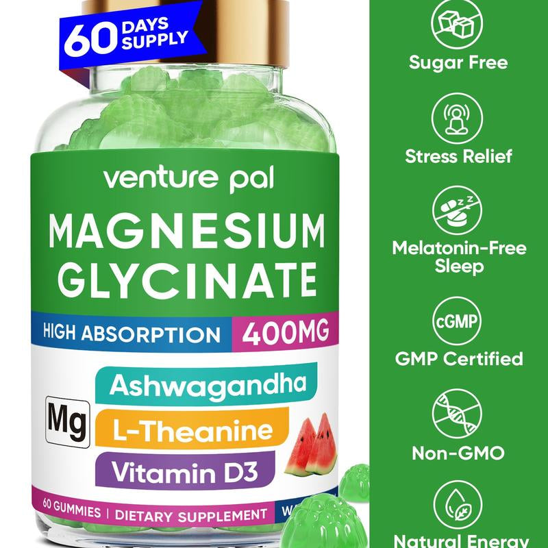 Venture Pal Magnesium Glycinate Gummies 400Mg with Ashwagandha L-Theanine & Coq10 Sugar-Free Vegan 60-Day Supply for Calm Mood & Sleep Healthcare Dietary Fitness Edible Vitamin Inositol Magnesium Complex Magnesium