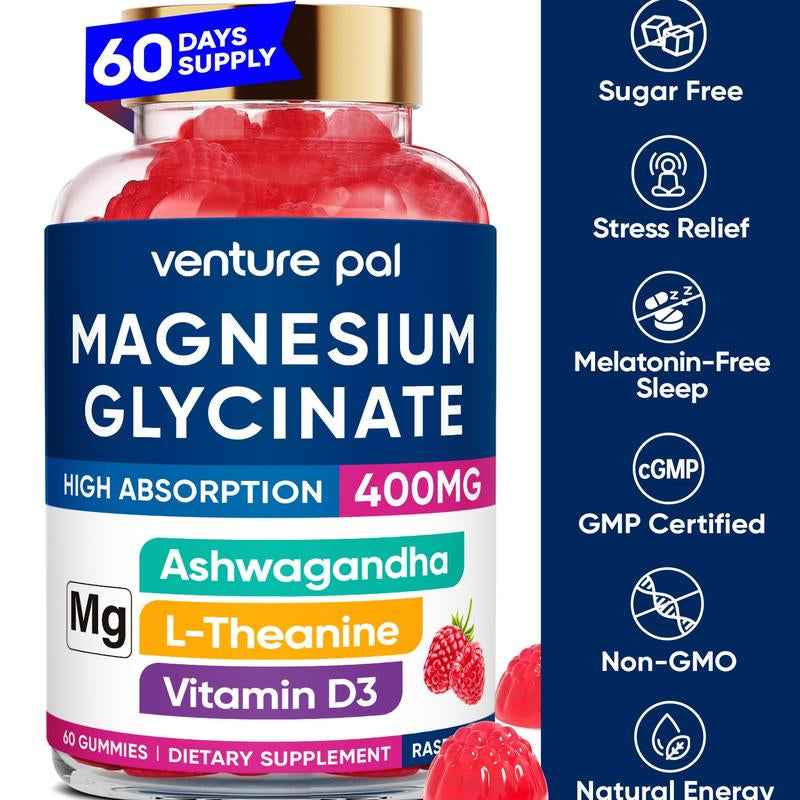 Venture Pal Magnesium Glycinate Gummies 400Mg with Ashwagandha L-Theanine & Coq10 Sugar-Free Vegan 60-Day Supply for Calm Mood & Sleep Healthcare Dietary Fitness Edible Vitamin Inositol Magnesium Complex Magnesium