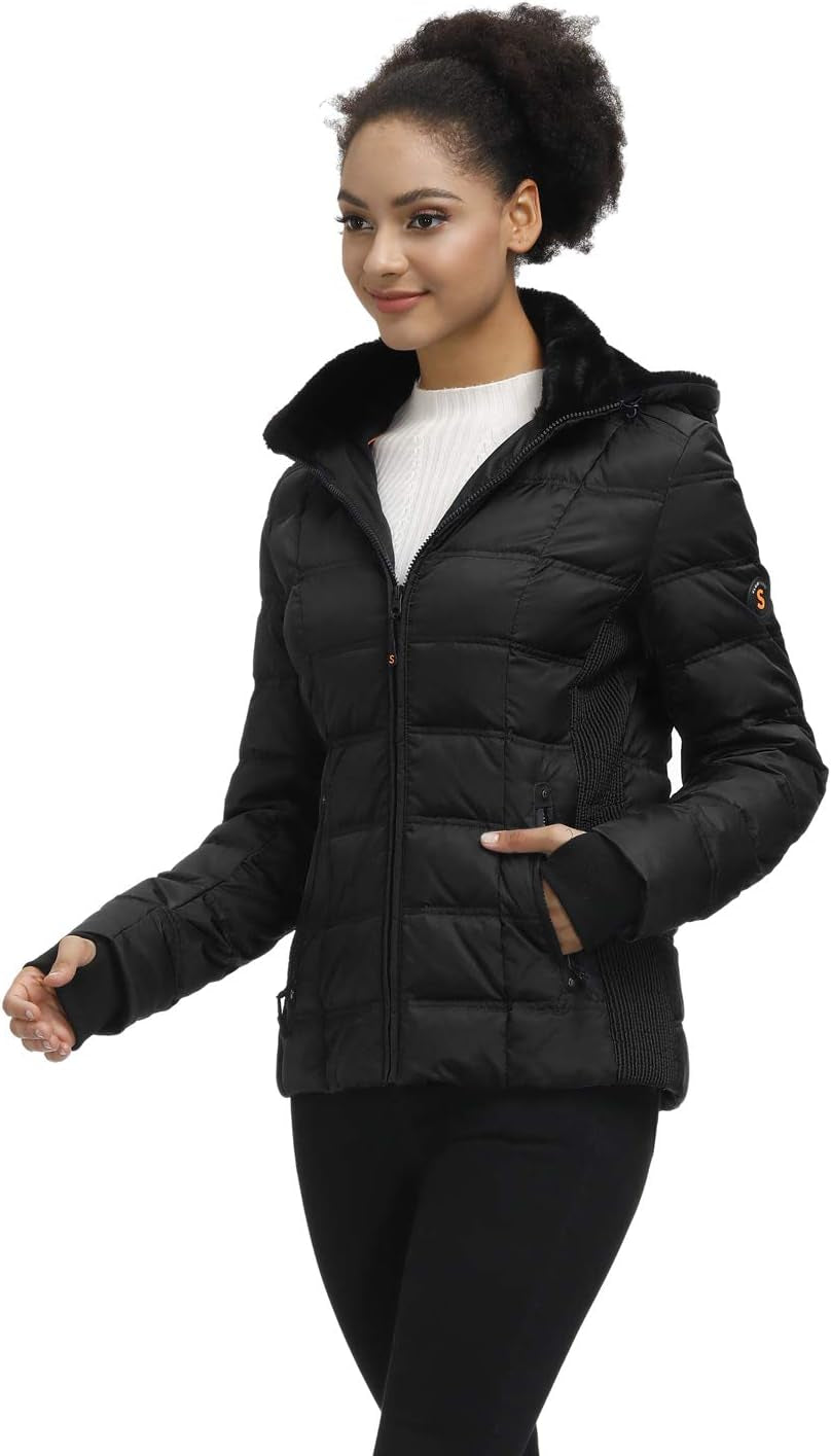 SLOW down Women down Puffer Jacket Warm Hooded Winter down Puffer Coat with Faux-Fur Hood & Collar