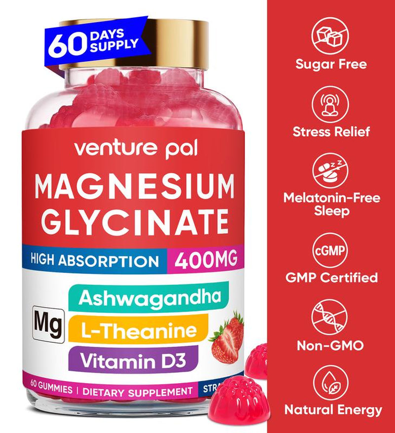 Venture Pal Magnesium Glycinate Gummies 400Mg with Ashwagandha L-Theanine & Coq10 Sugar-Free Vegan 60-Day Supply for Calm Mood & Sleep Healthcare Dietary Fitness Edible Vitamin Inositol Magnesium Complex Magnesium