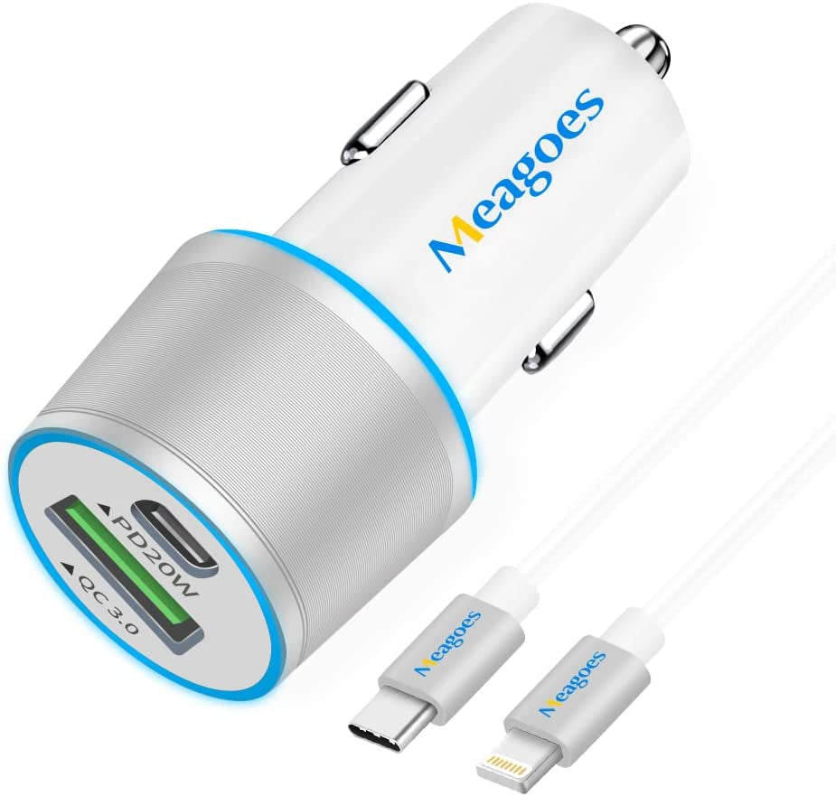 Fast USB C Car Charger, Meagoes 20W PD Rapid Charging Adapter Compatible for Apple Iphone 14 Pro Max/14 Pro/14 Plus/14/13/12/Mini/11/Xs/Xr/X/8 Plus/Se 3-3.3Ft Mfi Certified Type C to Lightning Cable