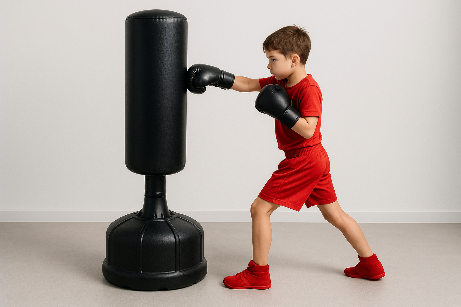Freestanding Heavy Punching Bag Set with Gloves, Red kid using